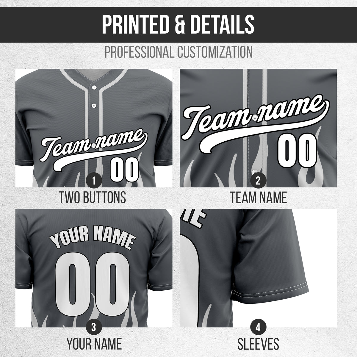 Custom Frost Fire Dark Grey Baseball Sports Jersey Personalized Uniform with Name & Number