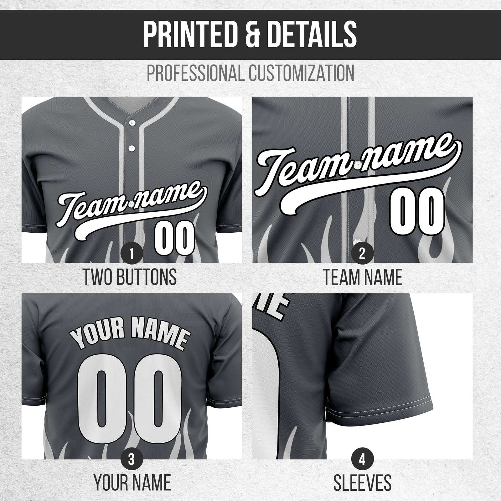 Custom Frost Fire Dark Grey Baseball Sports Jersey Personalized Uniform with Name & Number