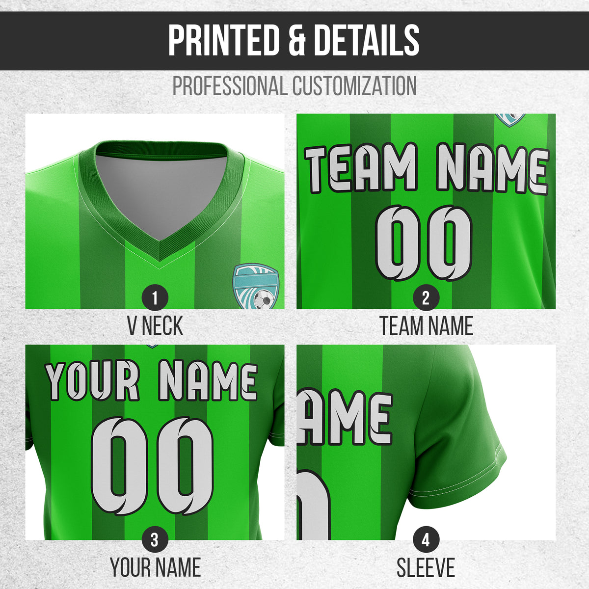 Custom Striker Stripe V-Neck Green Soccer Sport Tops Jersey