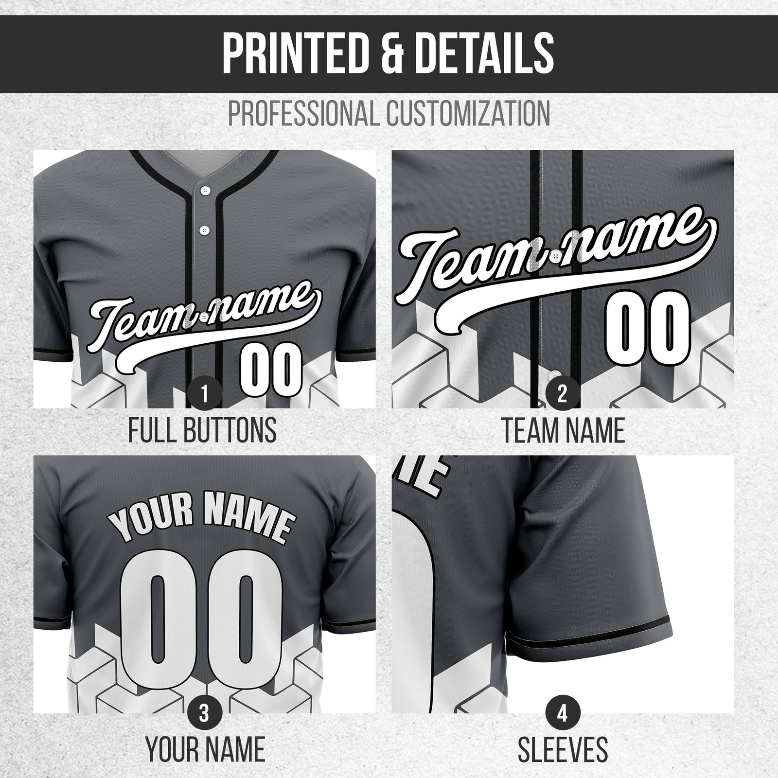 Custom Grid Iron Dark Grey Baseball Sports Jersey Personalized Uniform with Name & Number