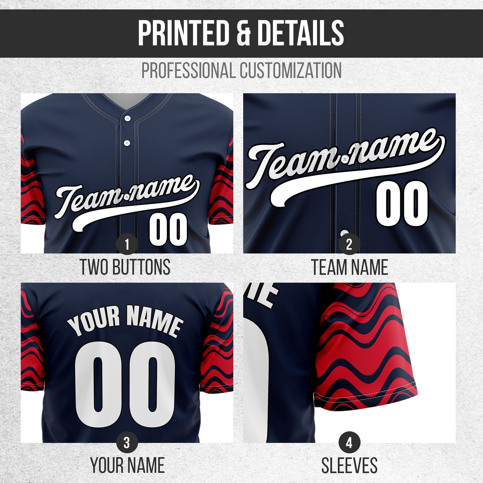 Custom Navy Baseball Wave Sports Jersey Personalized Uniform with Name & Number