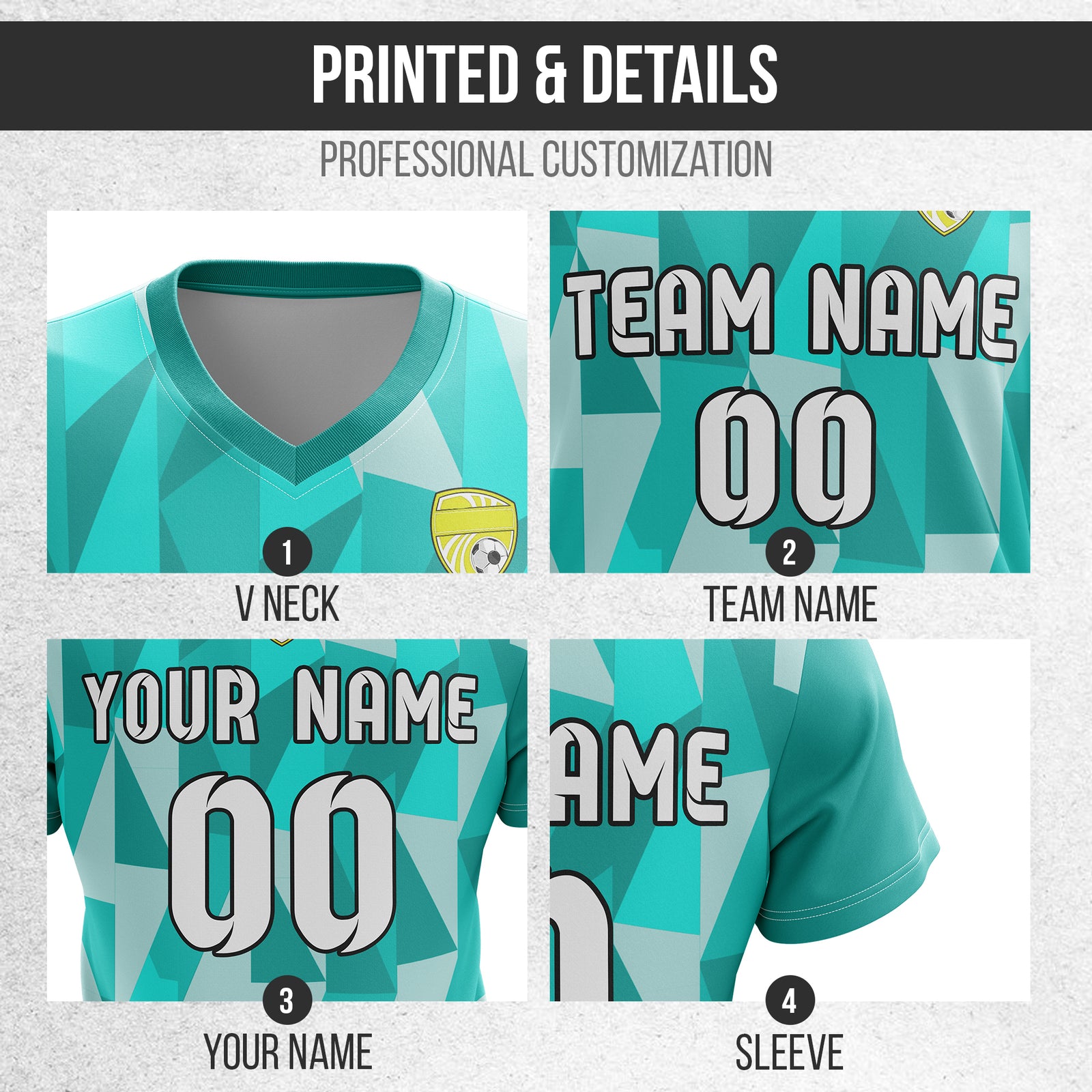 Custom Crystal V-Full Pattern Soccer Teal Sport Tops Jersey