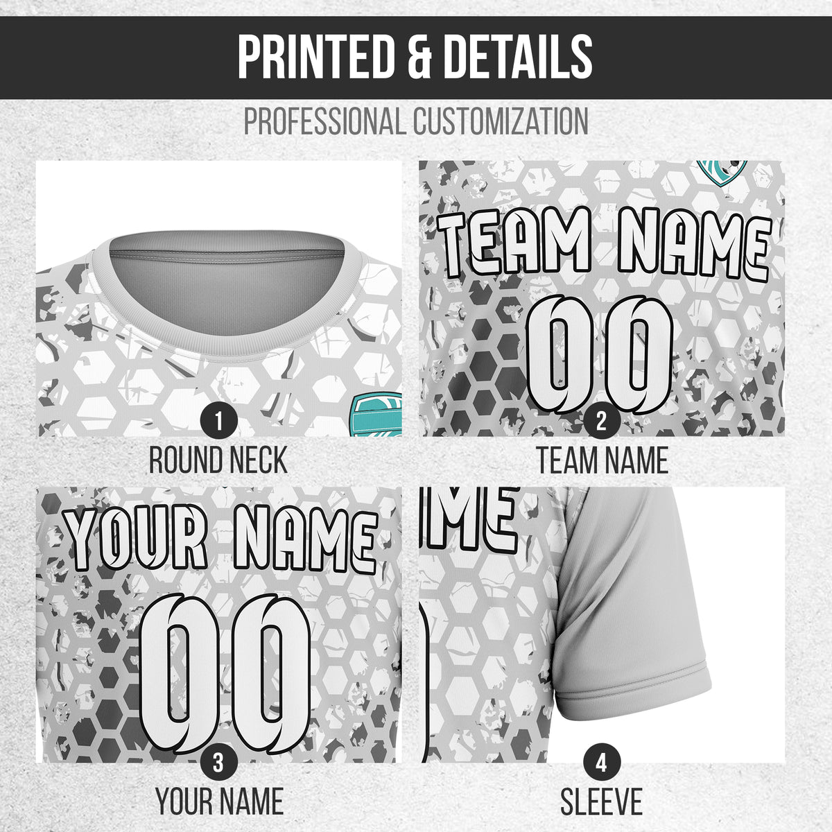 Custom Soccer Grey Round Neck Hex Pattern Sports Tops Jersey