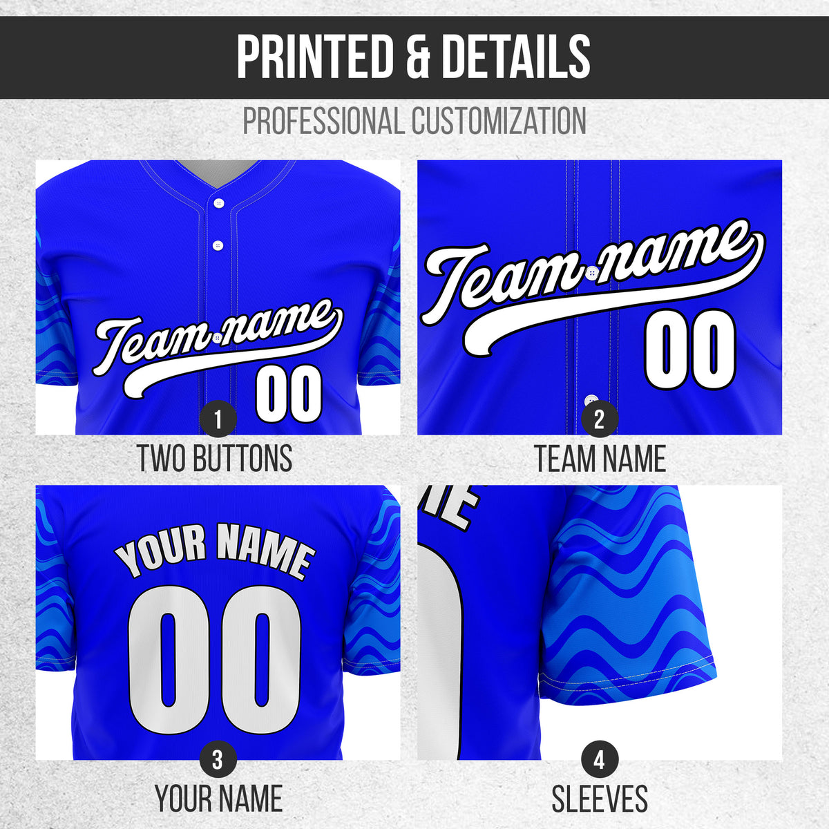 Custom Blue Baseball Wave Sports Jersey Personalized Uniform with Name & Number