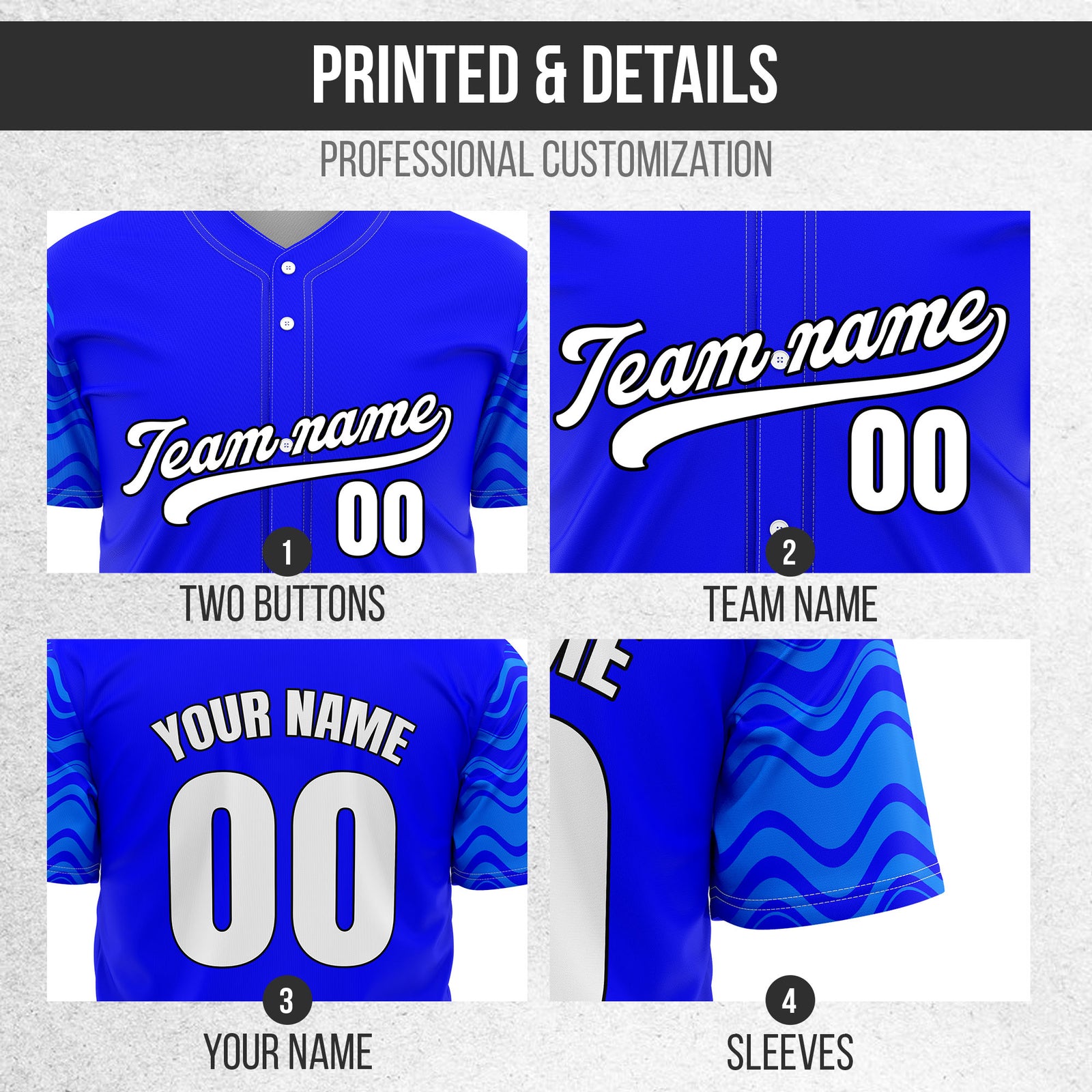 Custom Blue Baseball Wave Sports Jersey Personalized Uniform with Name & Number