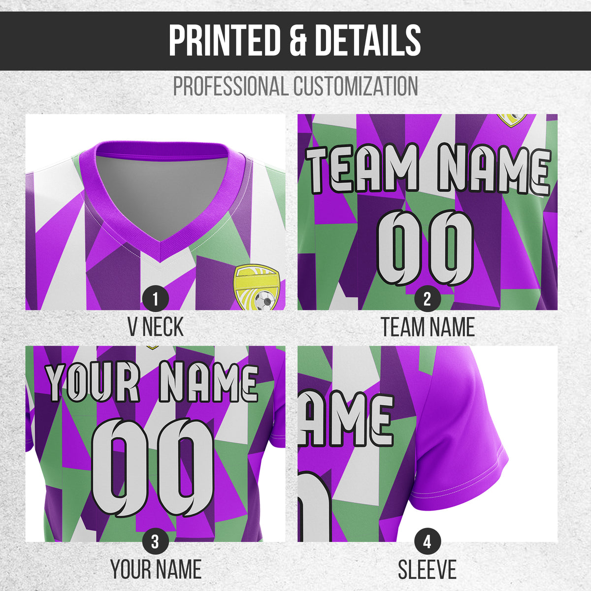 Custom Crystal V-Full Pattern Soccer Purple Sport Tops Jersey