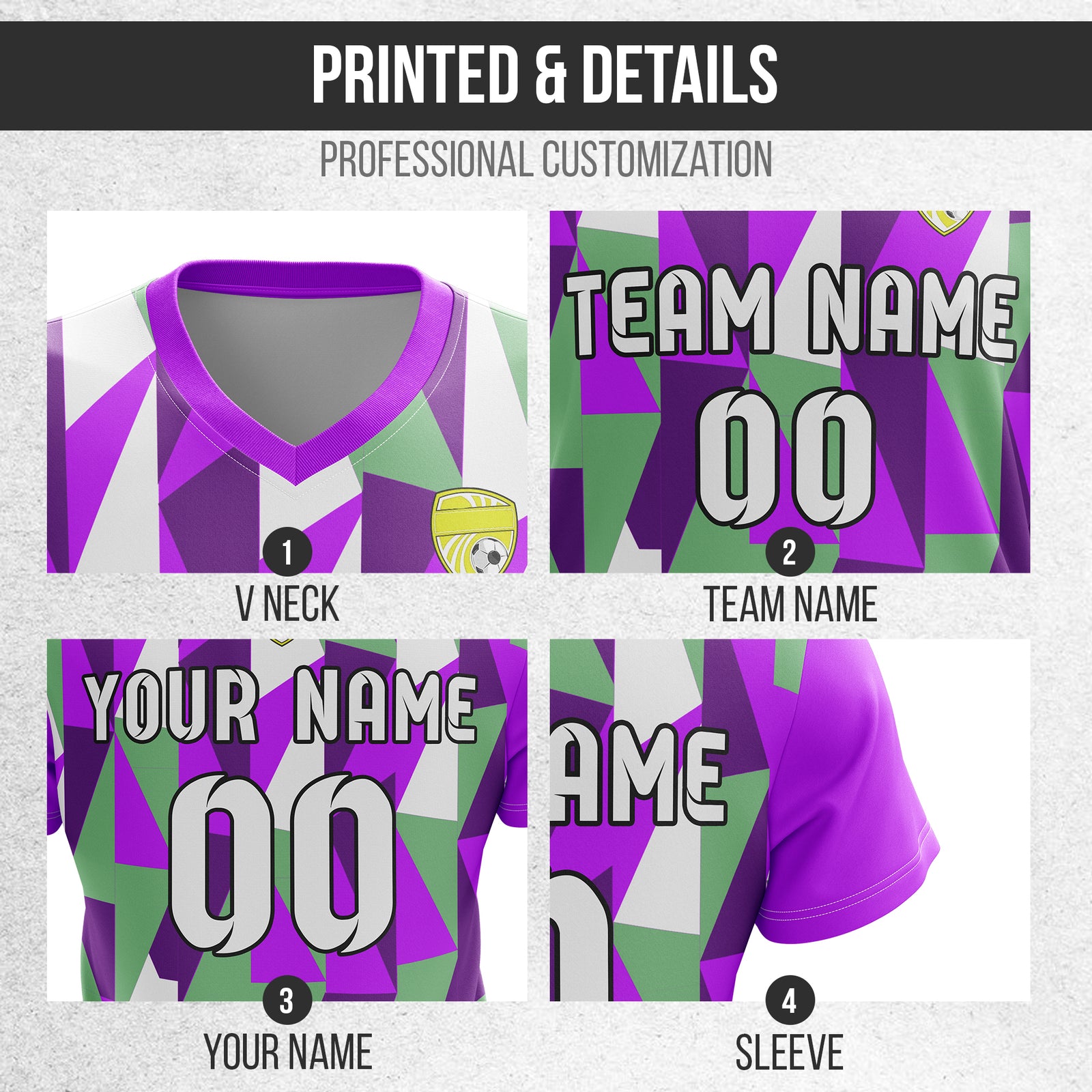 Custom Crystal V-Full Pattern Soccer Purple Sport Tops Jersey