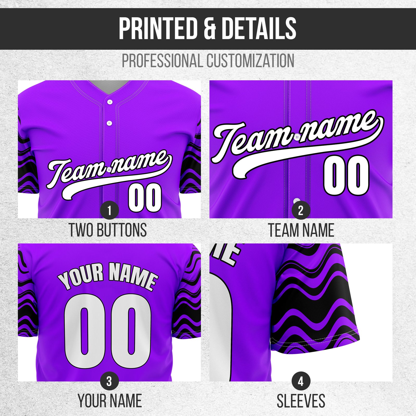 Custom Purple Baseball Wave Sports Jersey Personalized Uniform with Name & Number