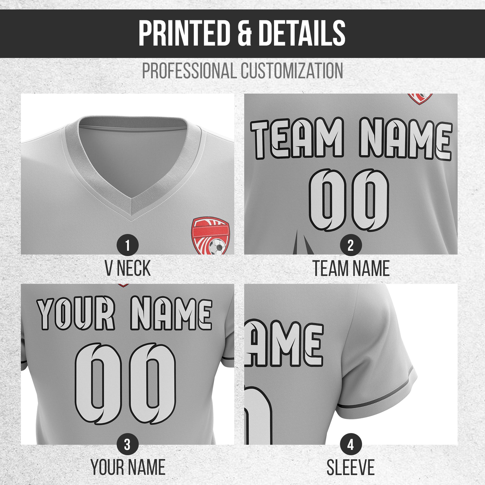Custom Spark Strike V-Side Pattern Grey Soccer Sport Tops Jersey