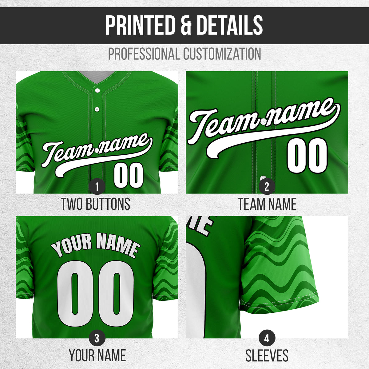 Custom Green Baseball Wave Sports Jersey Personalized Uniform with Name & Number