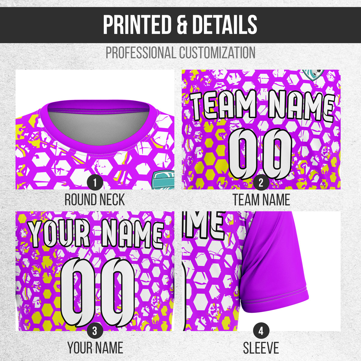 Custom Soccer Purple Round Neck Hex Pattern Sports Tops Jersey