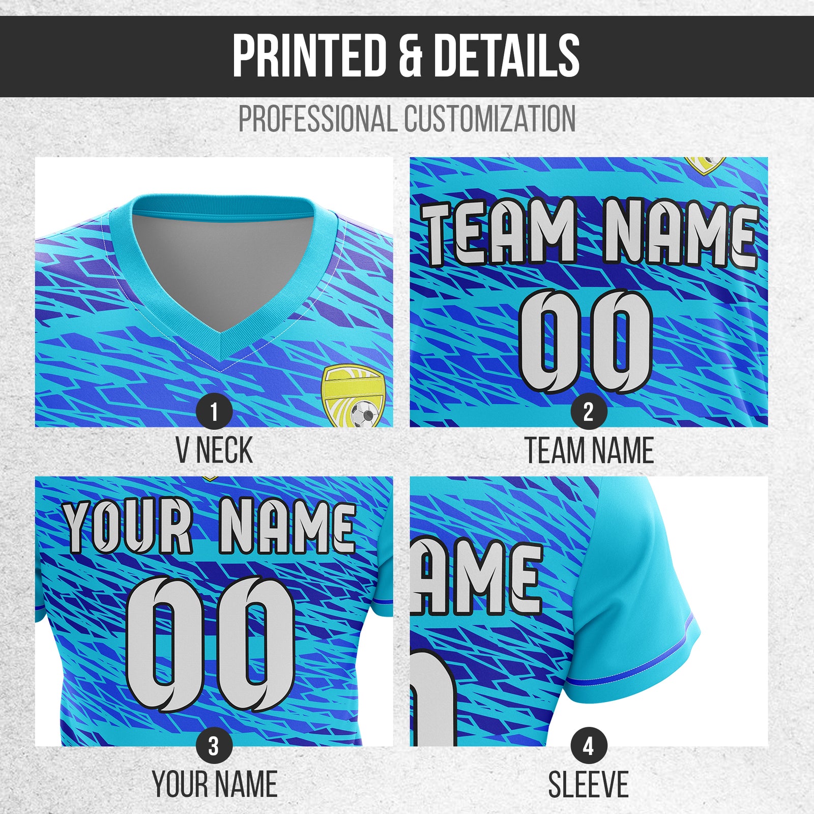 Custom Flare Strike V-Full Pattern Soccer Blue Sport Tops Jersey