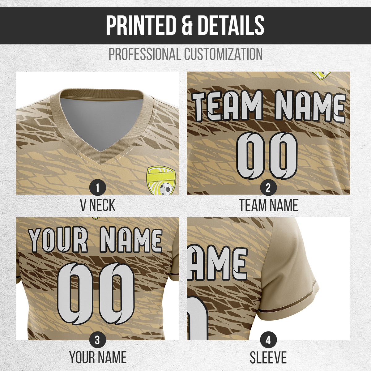 Custom Flare Strike V-Full Pattern Soccer Khaki Sport Tops Jersey