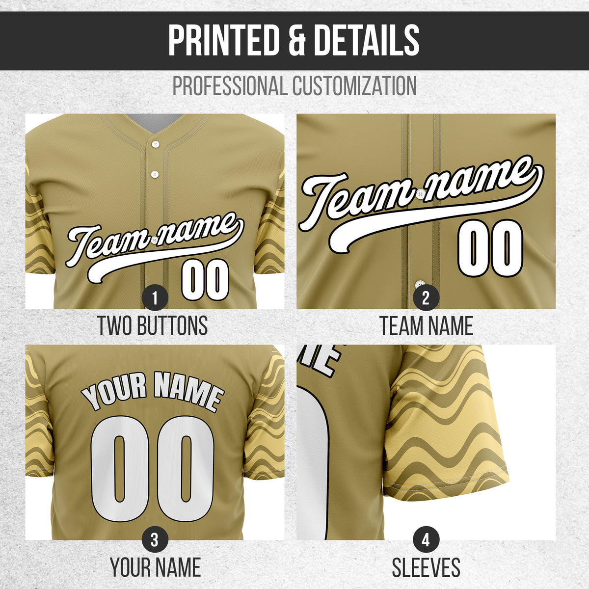 Custom Khaki Baseball Wave Sports Jersey Personalized Uniform with Name & Number