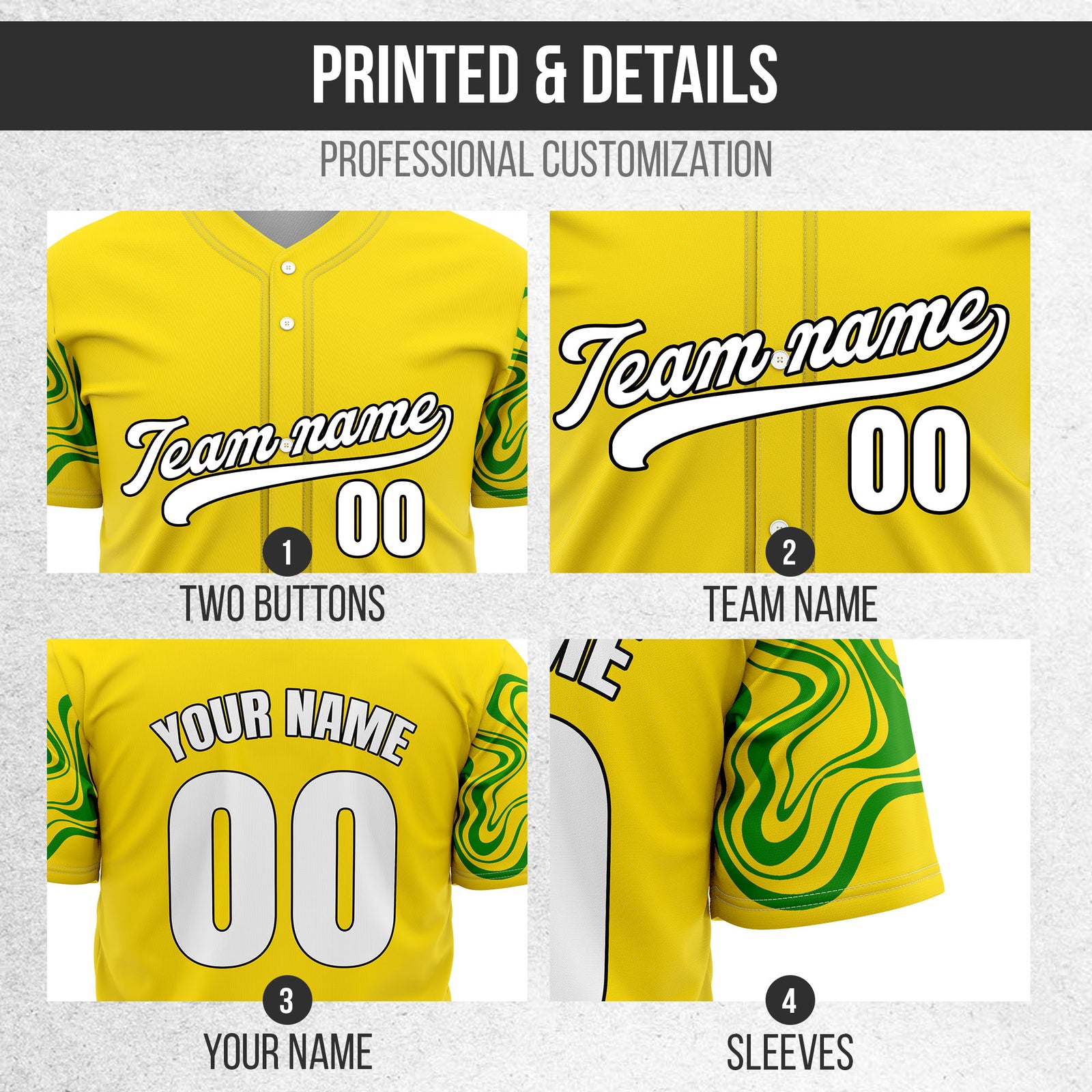 Custom Yellow Baseball Wave Sports Jersey Personalized Uniform with Name & Number