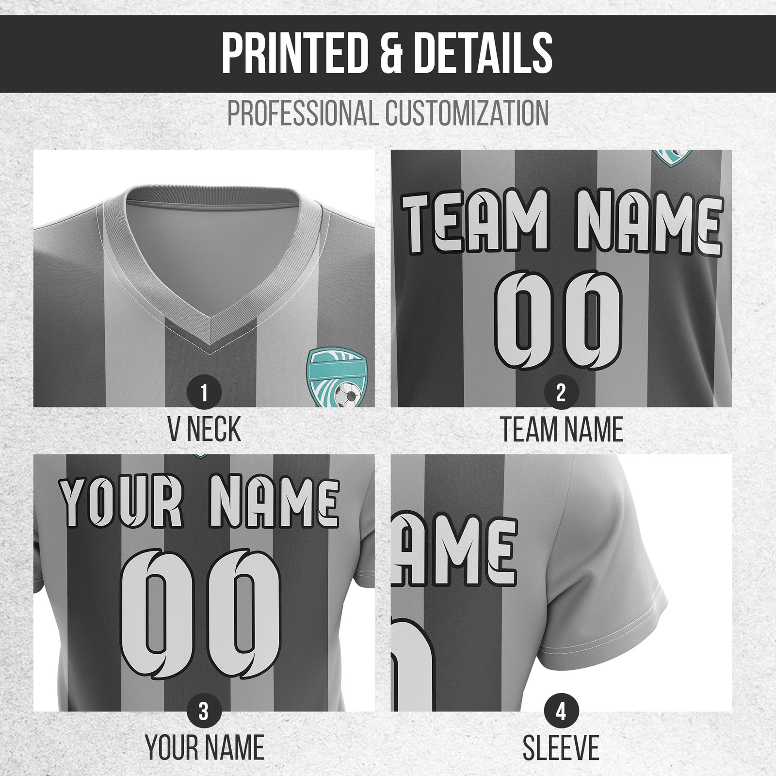 Custom Striker Stripe V-Neck Grey Soccer Sport Tops Jersey