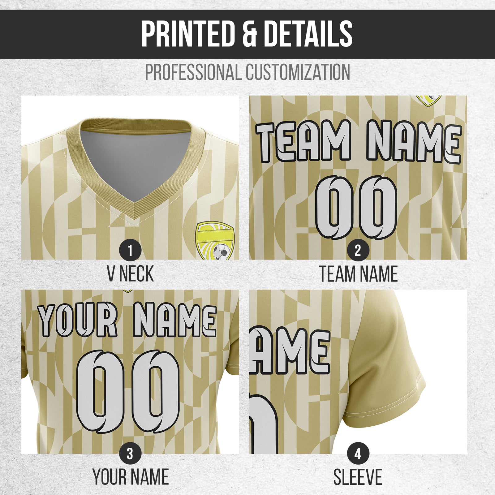 Custom Pulse Grid V-Full Pattern Soccer Khaki Sport Tops Jersey