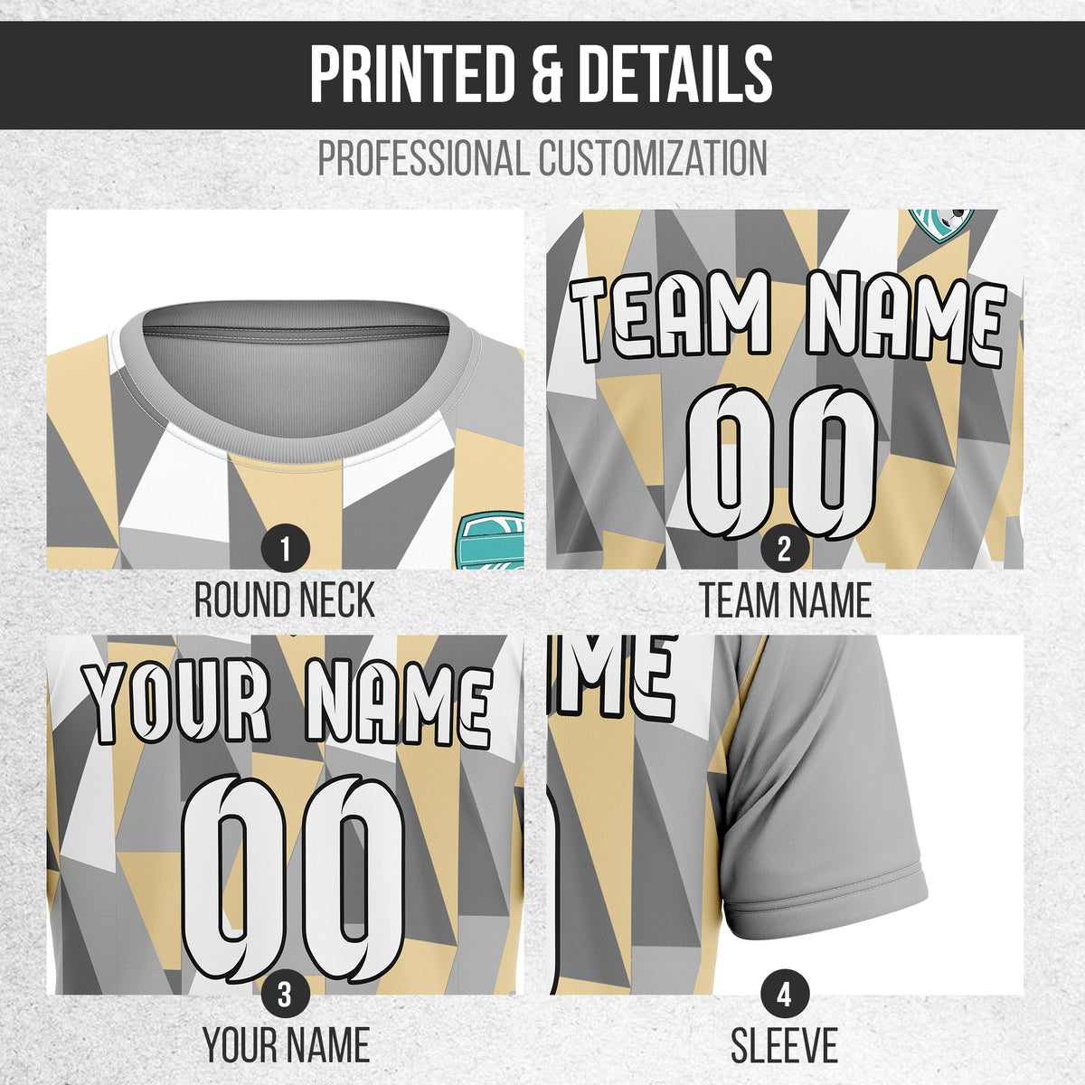 Custom Crystal R-Full Pattern Soccer Grey Sport Tops Jersey