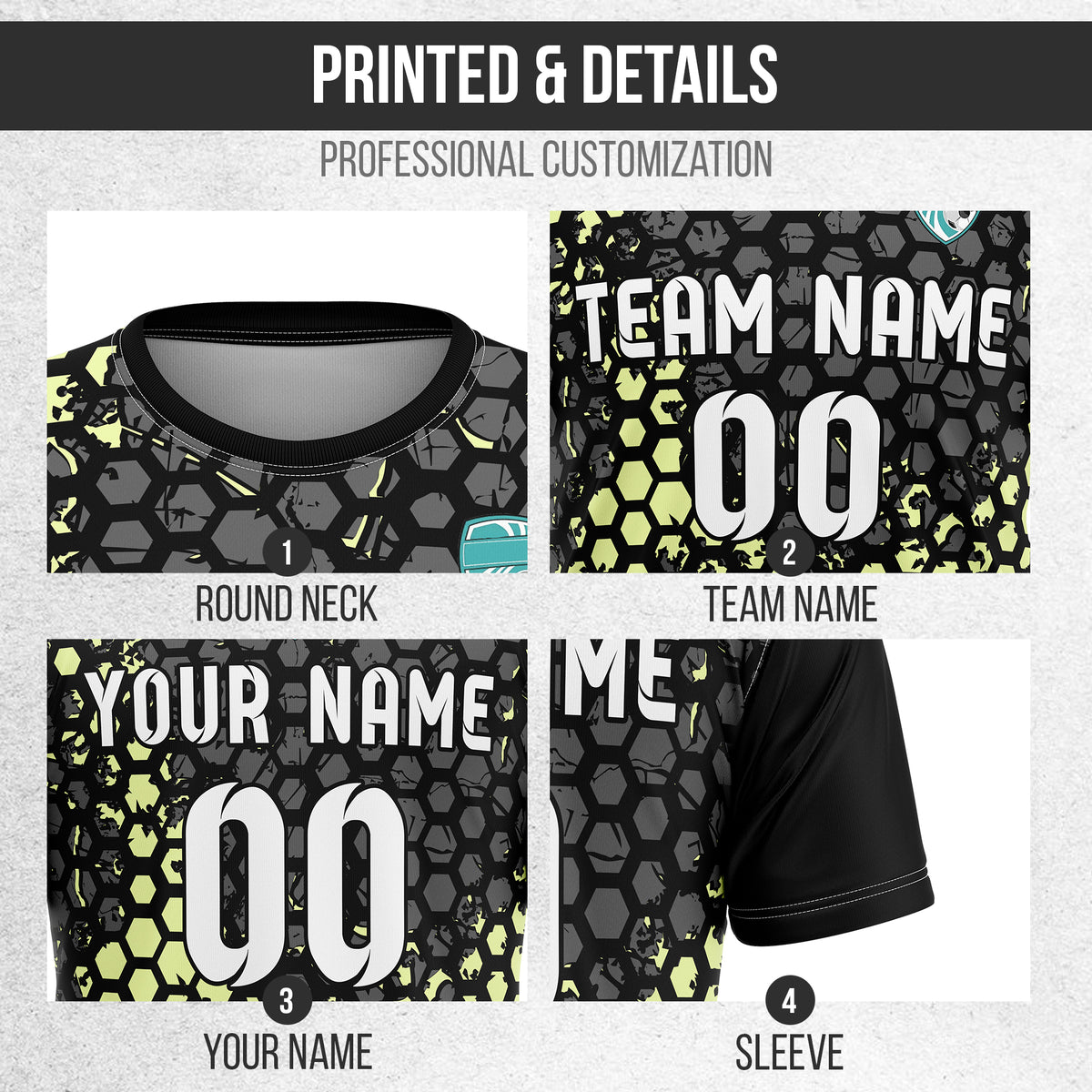 Custom Soccer Black Round Neck Hex Pattern Sports Tops Jersey