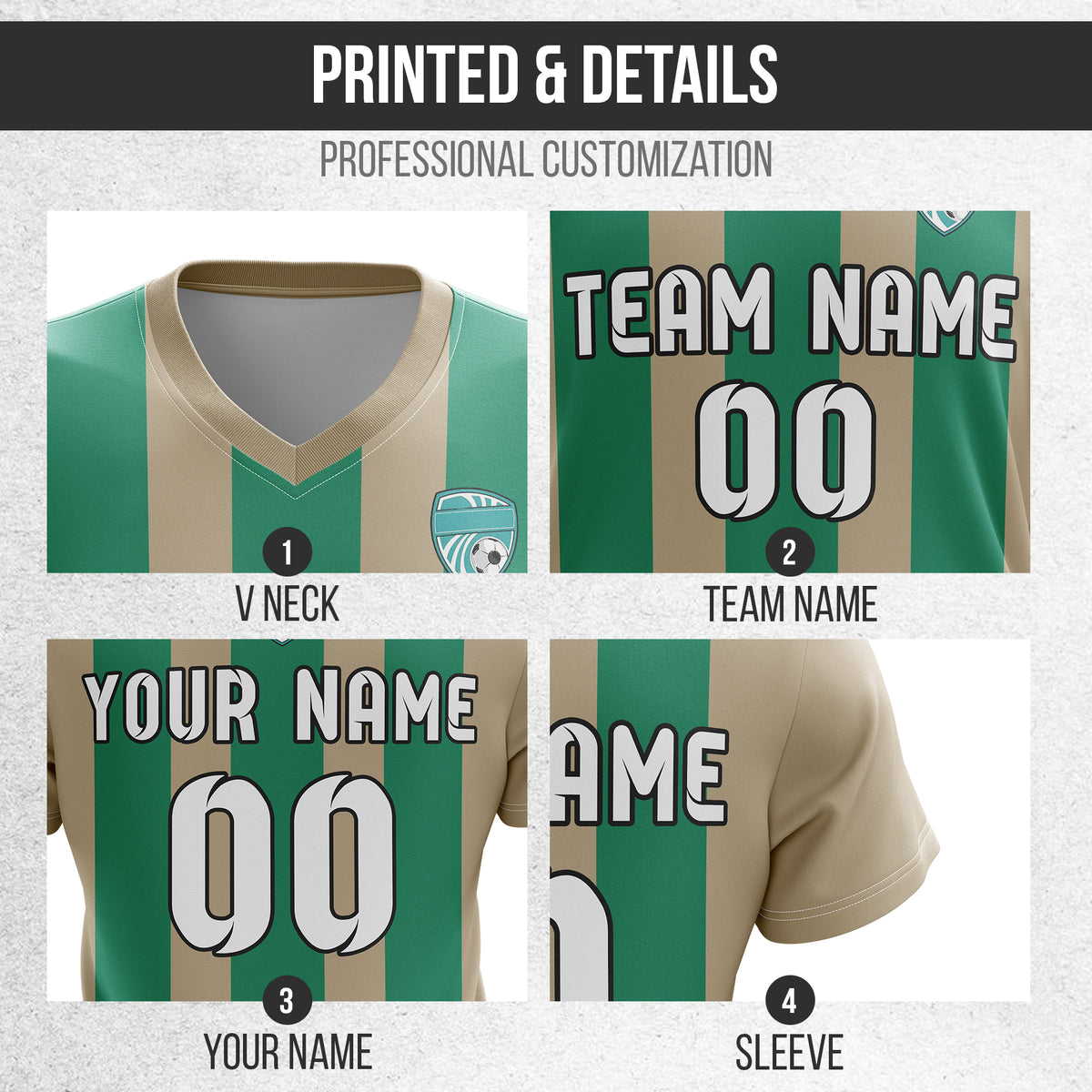 Custom Striker Stripe V-Neck Khaki Soccer Sport Tops Jersey