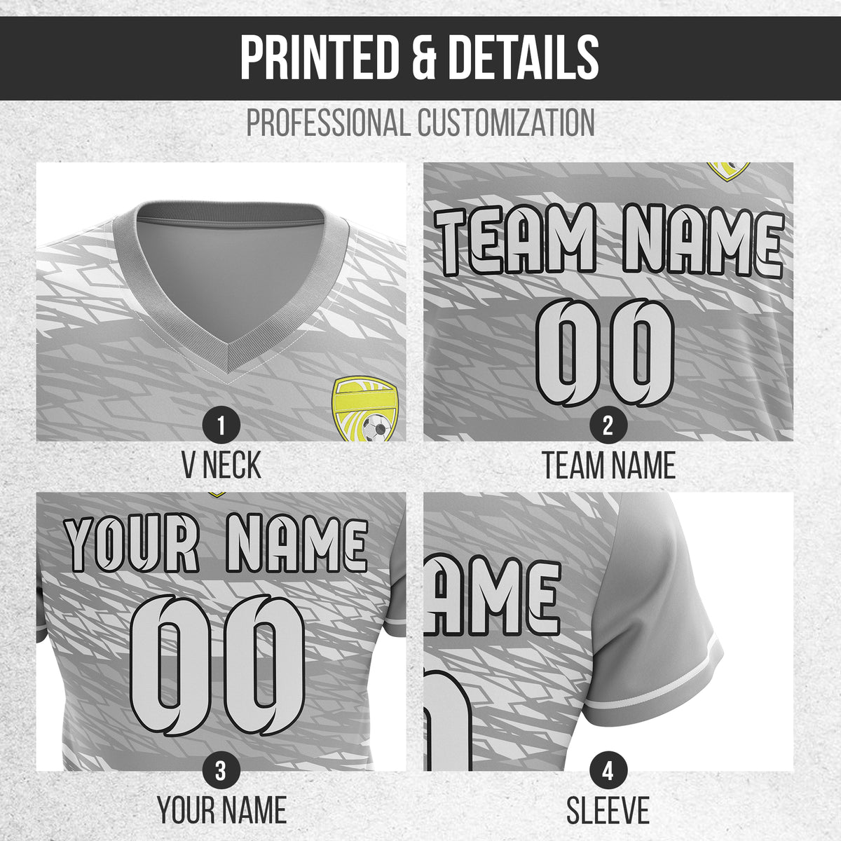 Custom Flare Strike V-Full Pattern Soccer Grey Sport Tops Jersey
