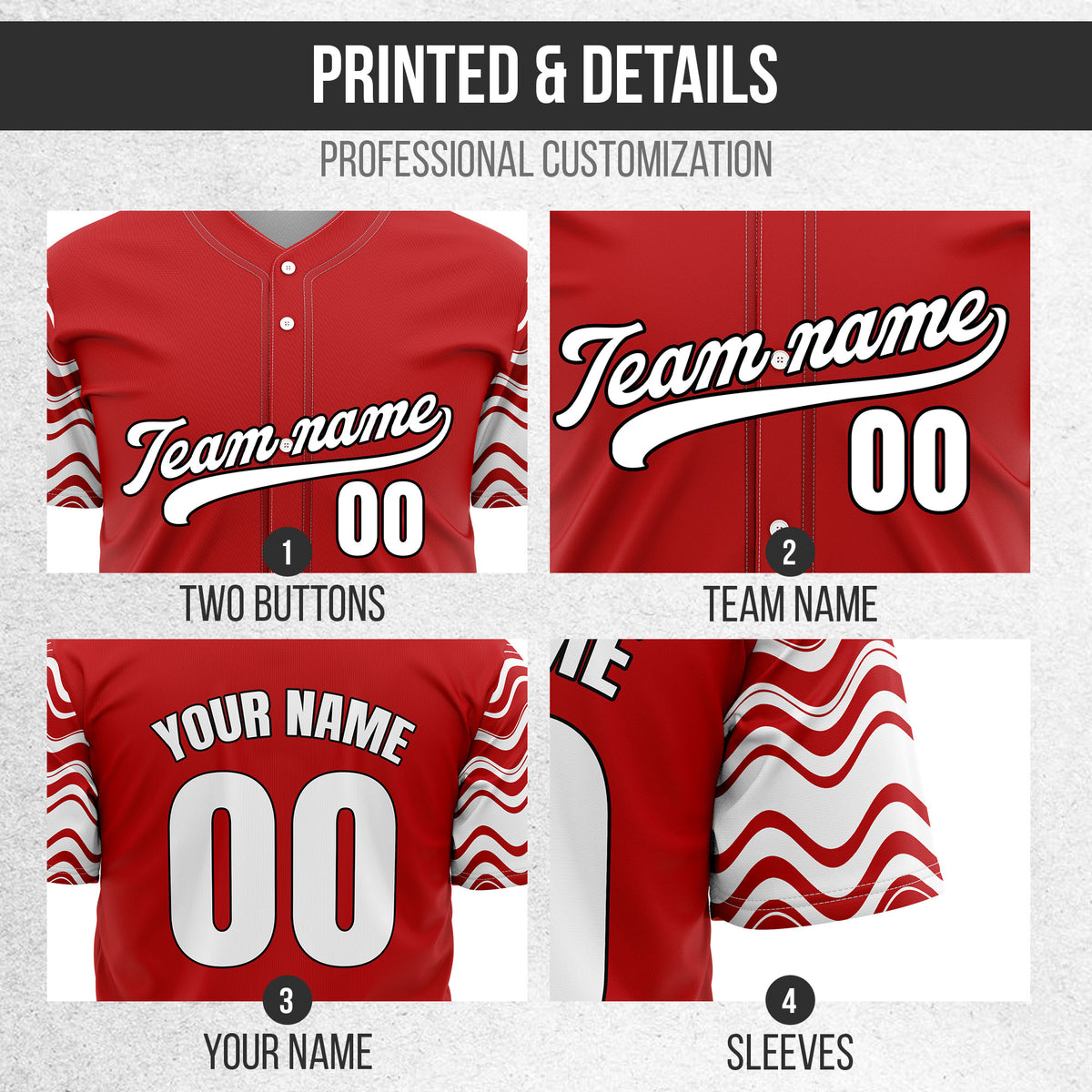 Custom Red Baseball Wave Sports Jersey Personalized Uniform with Name & Number