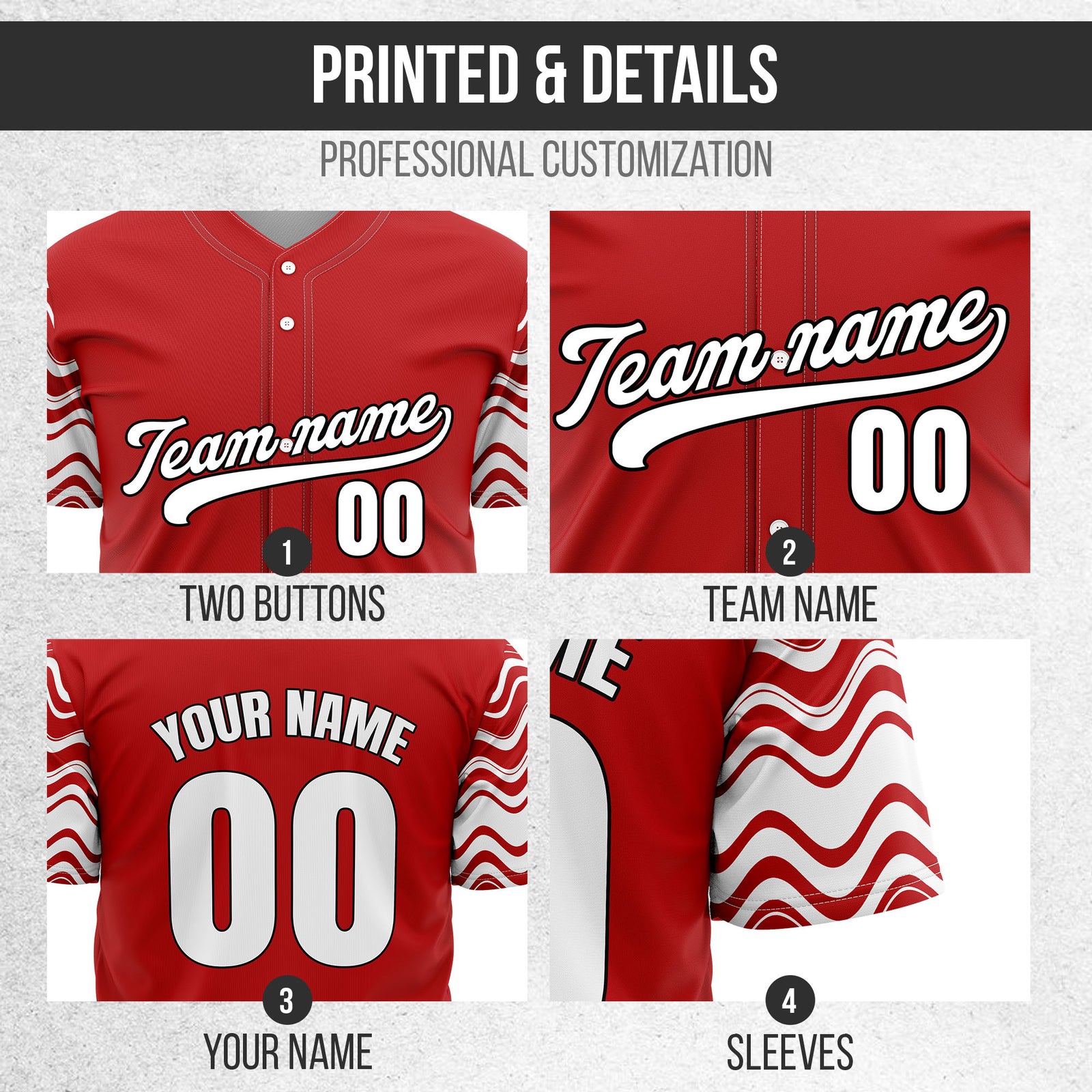 Custom Red Baseball Wave Sports Jersey Personalized Uniform with Name & Number