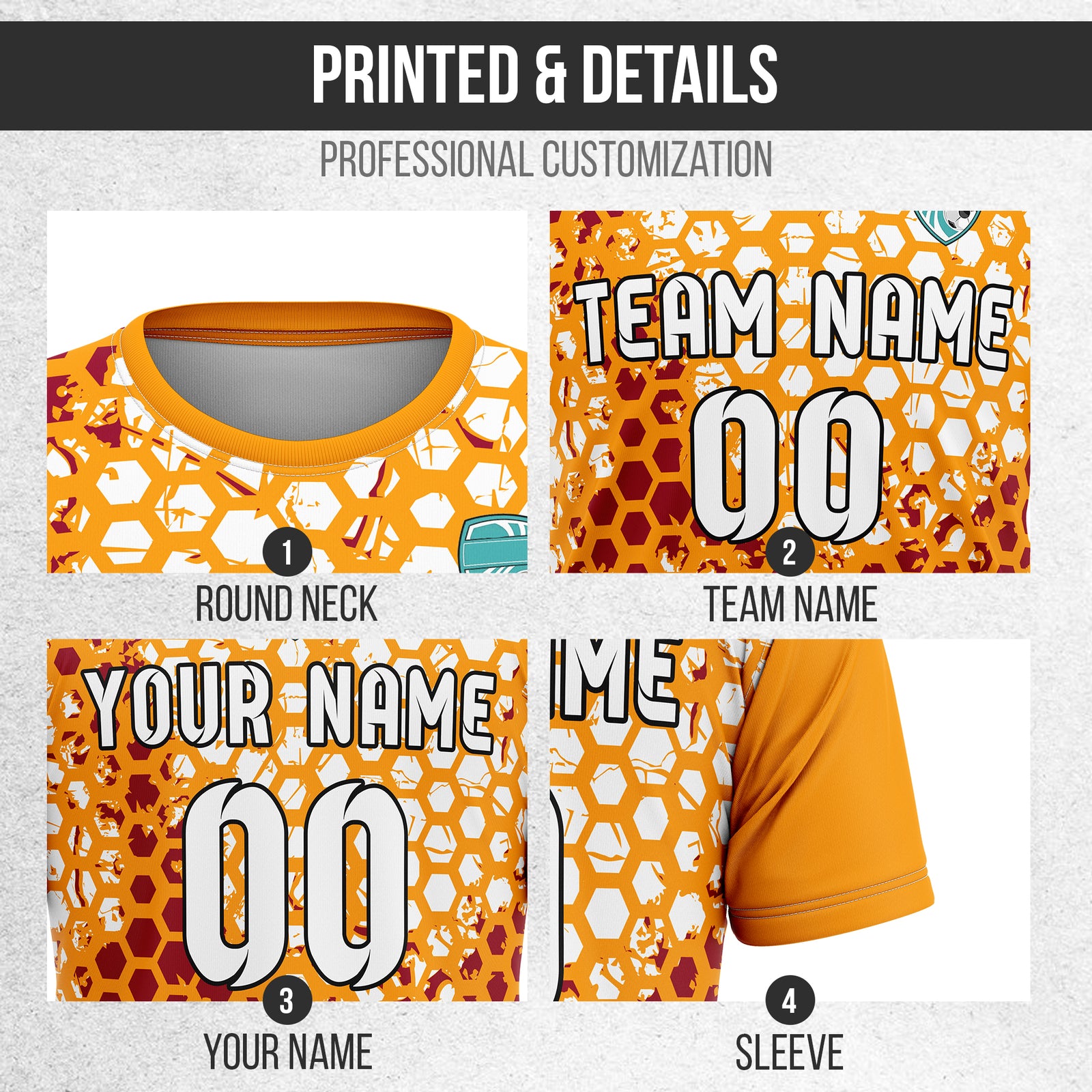 Custom Soccer Orange Round Neck Hex Pattern Sports Tops Jersey