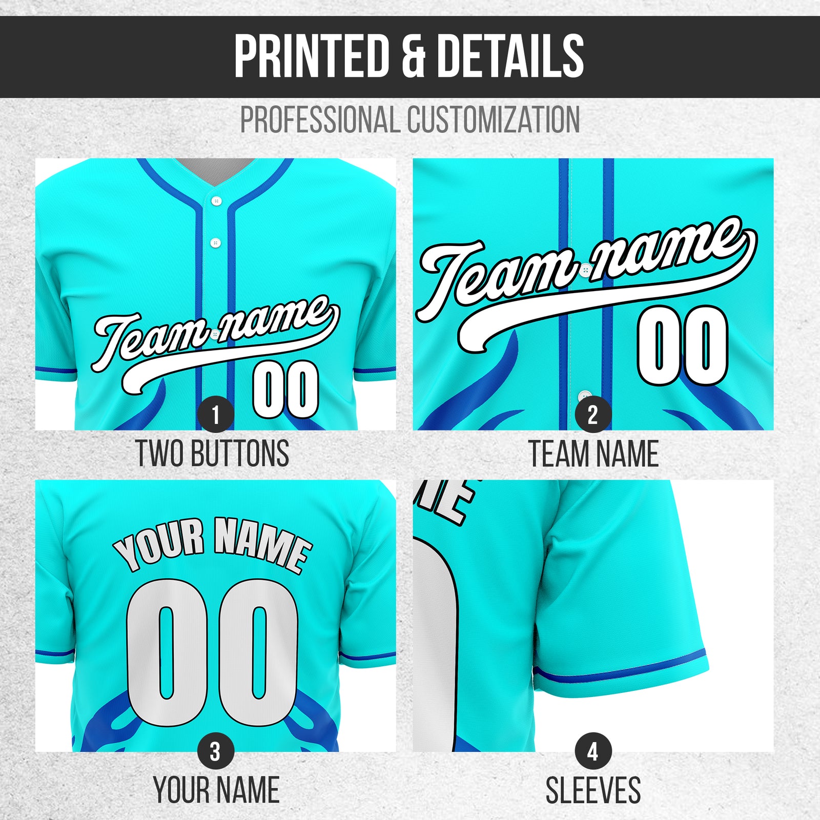 Custom Shadow Flames Aqua Baseball Sports Jersey Personalized Uniform with Name & Number
