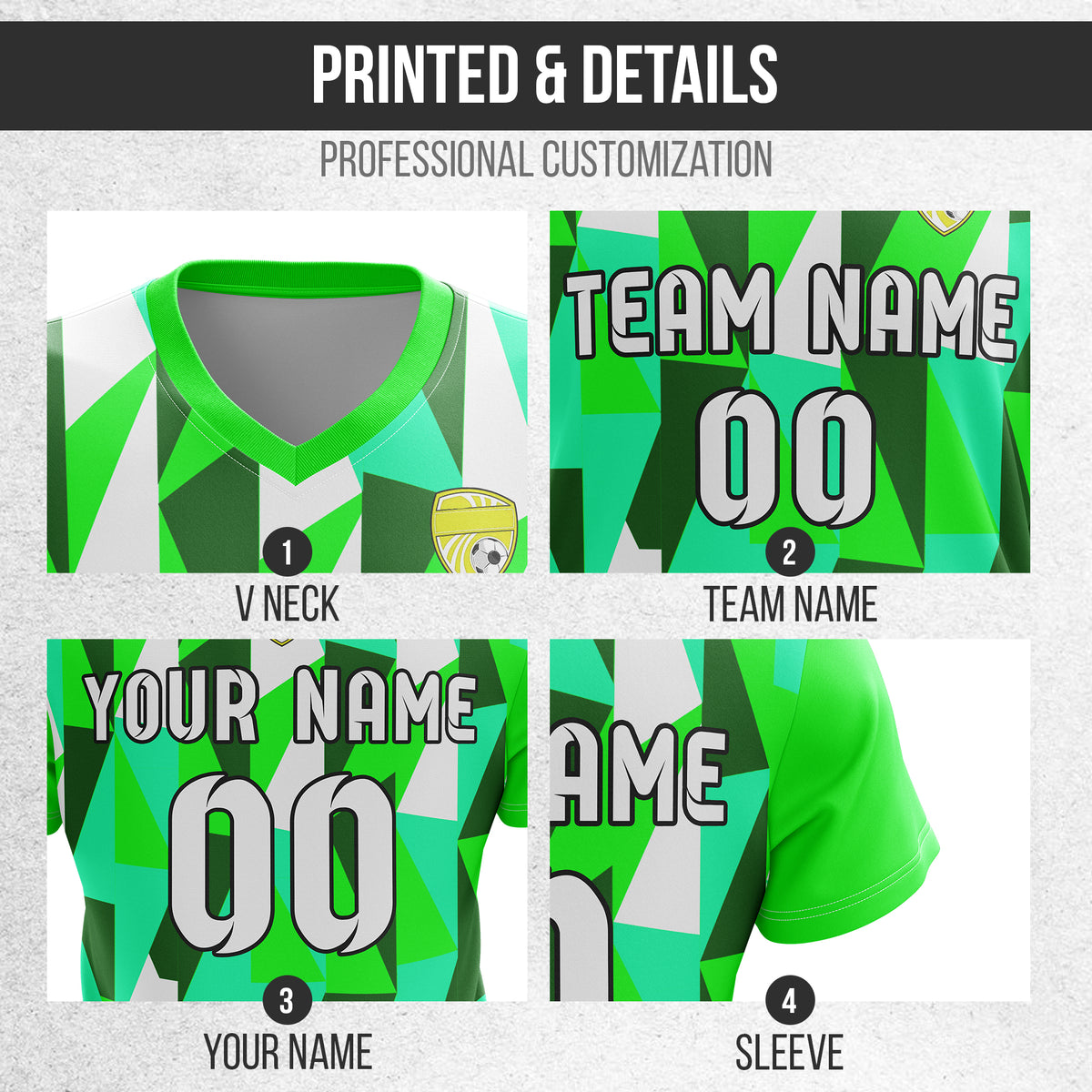 Custom Crystal V-Full Pattern Soccer Neon Green Sport Tops Jersey