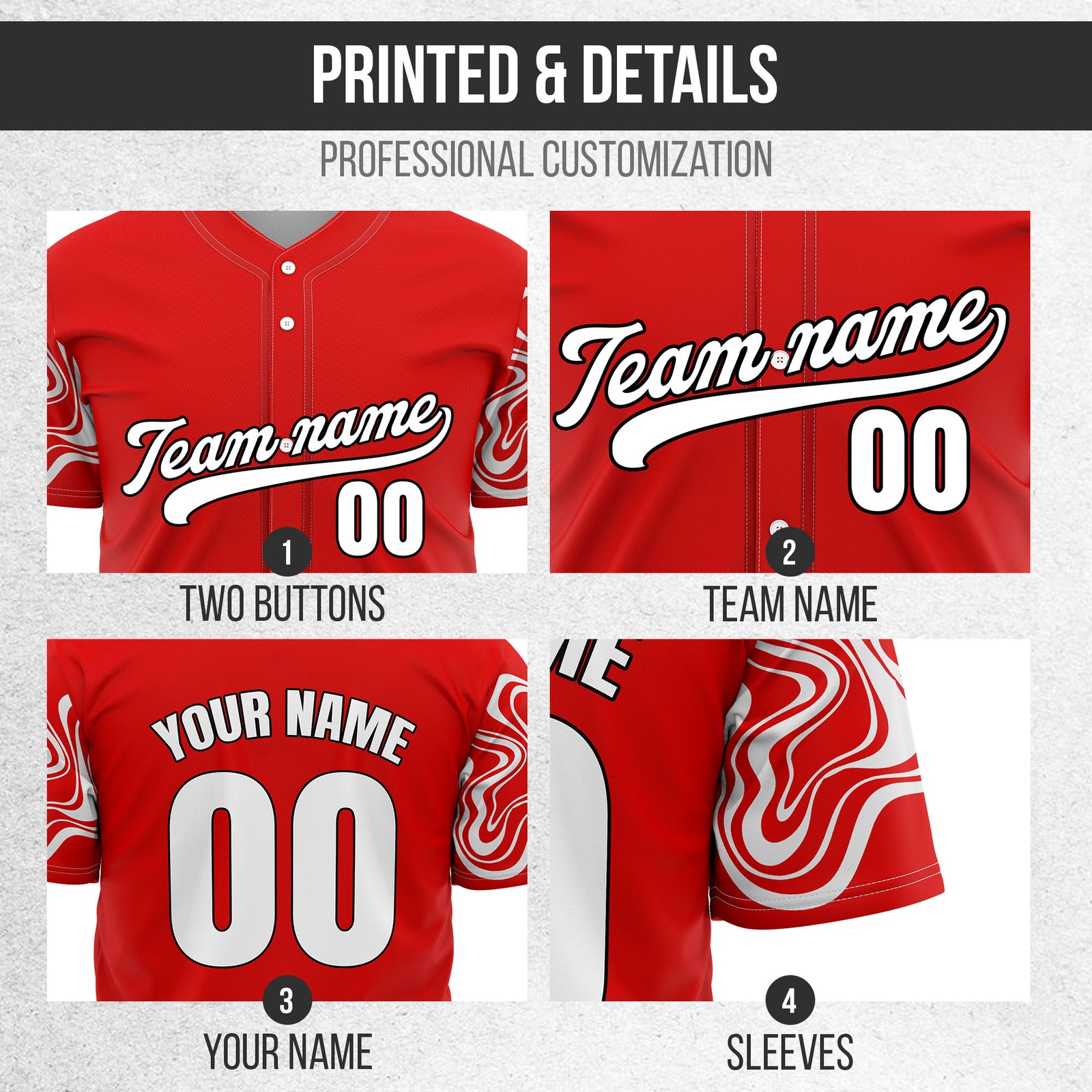 Custom Red Baseball Wave Sports Jersey Personalized Uniform with Name & Number