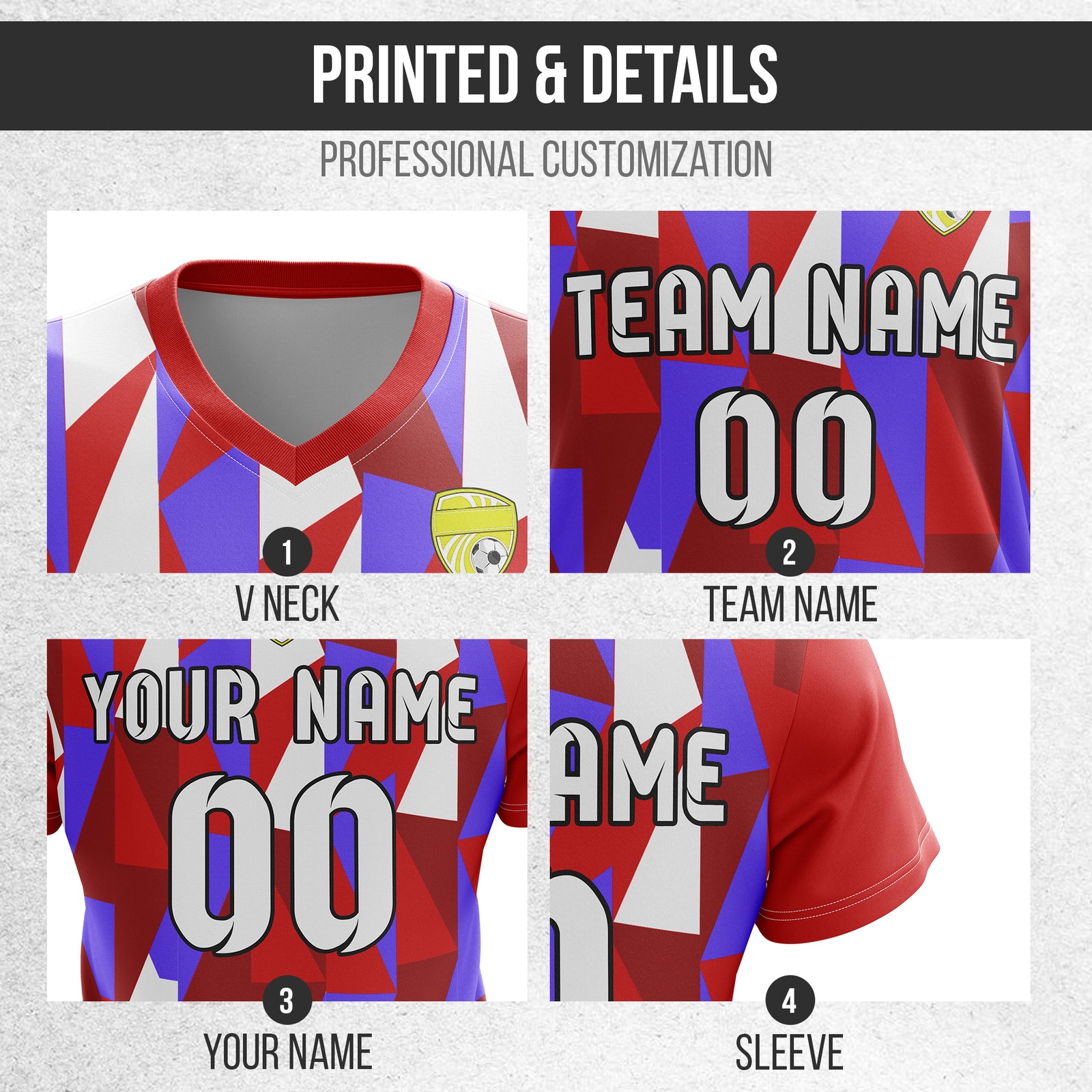 Custom Crystal V-Full Pattern Soccer Red Sport Tops Jersey