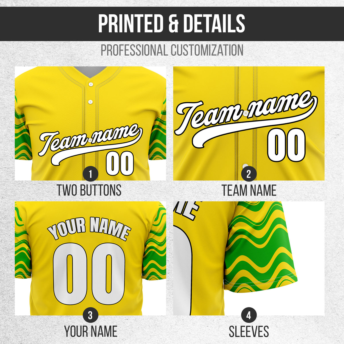 Custom Yellow Baseball Wave Sports Jersey Personalized Uniform with Name & Number