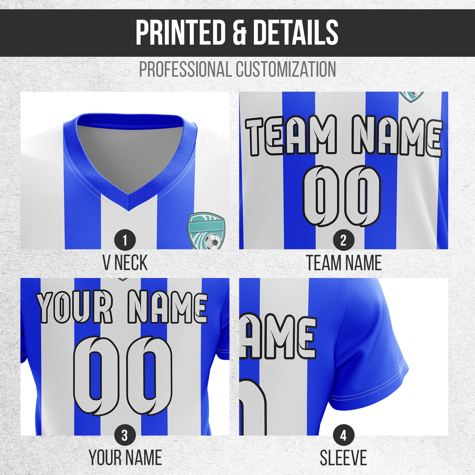 Custom Striker Stripe V-Neck Blue Soccer Sport Tops Jersey
