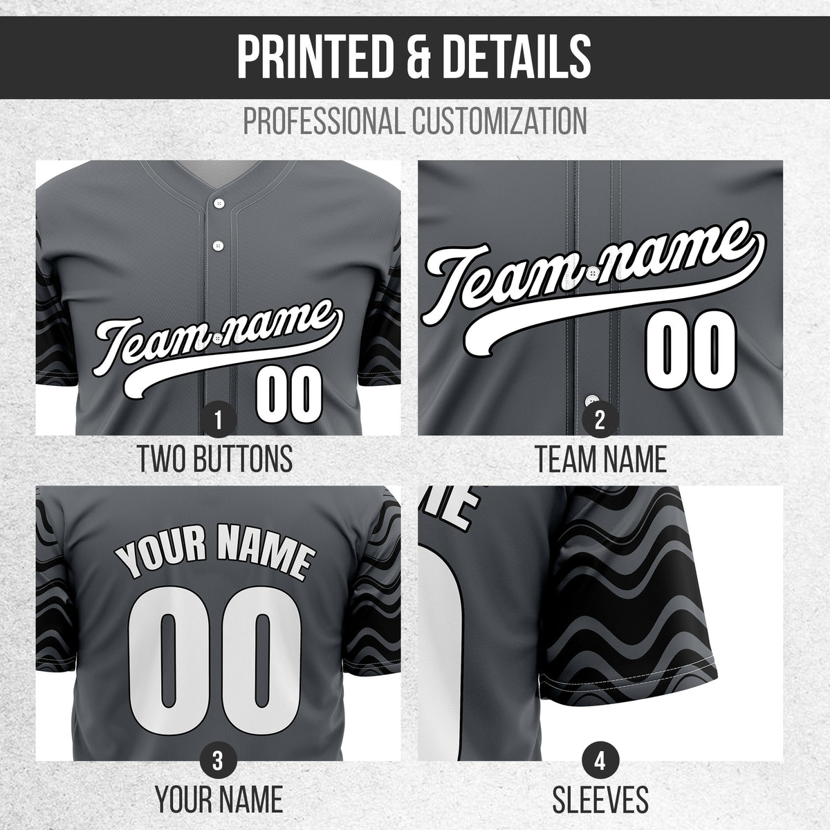Custom Dark Grey Baseball Wave Sports Jersey Personalized Uniform with Name & Number
