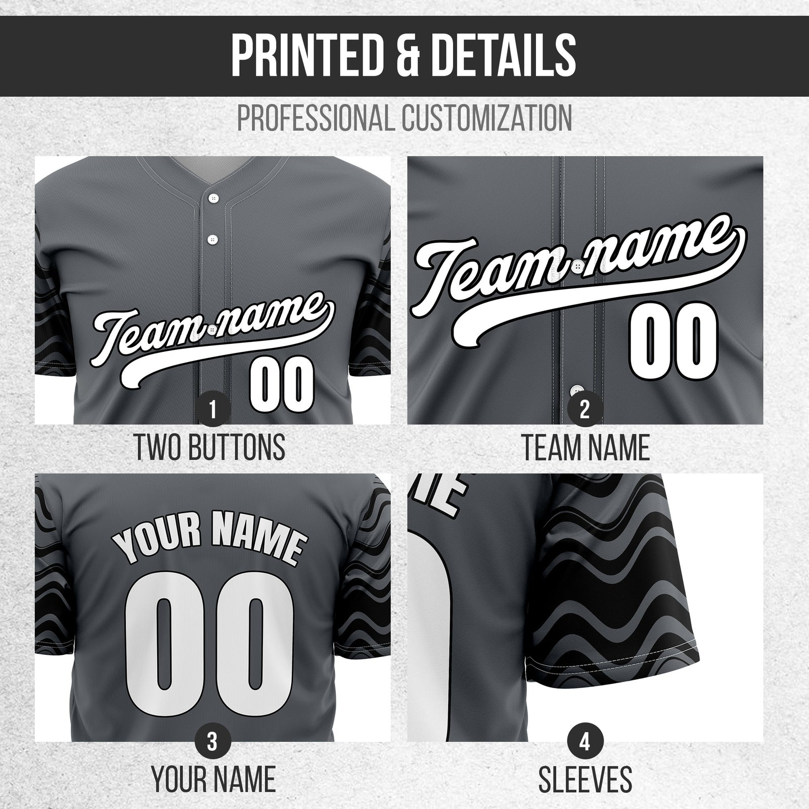 Custom Dark Grey Baseball Wave Sports Jersey Personalized Uniform with Name & Number