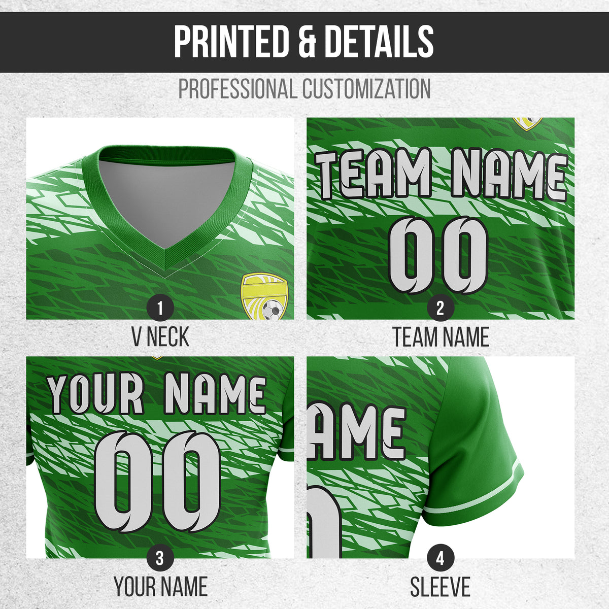 Custom Flare Strike V-Full Pattern Soccer Green Sport Tops Jersey