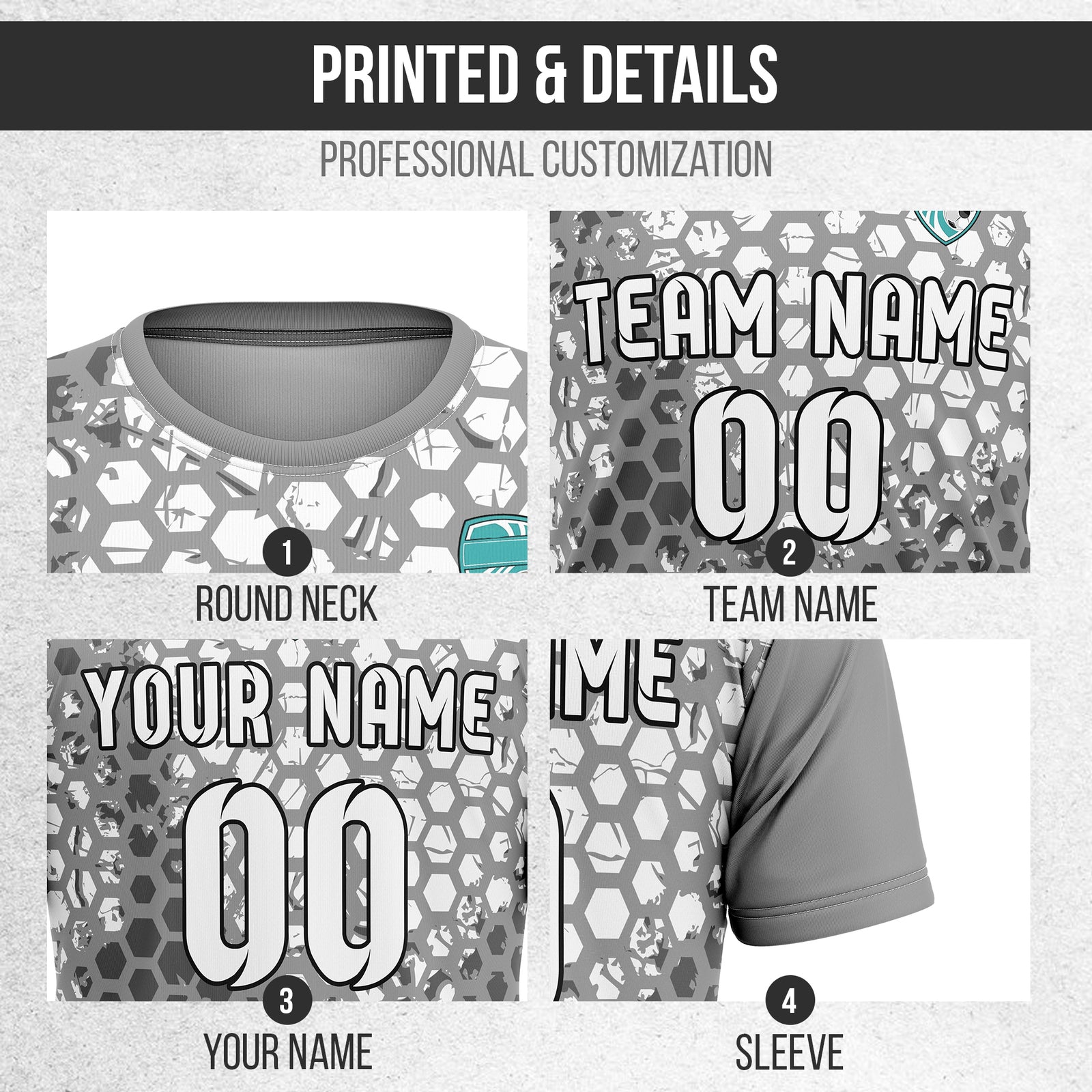 Custom Soccer Dark Grey Round Neck Hex Pattern Sports Tops Jersey