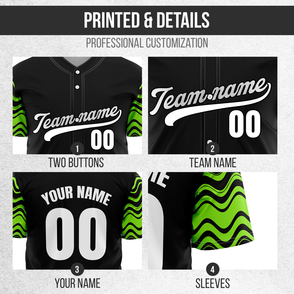Custom Black Baseball Wave Sports Jersey Personalized Uniform with Name & Number