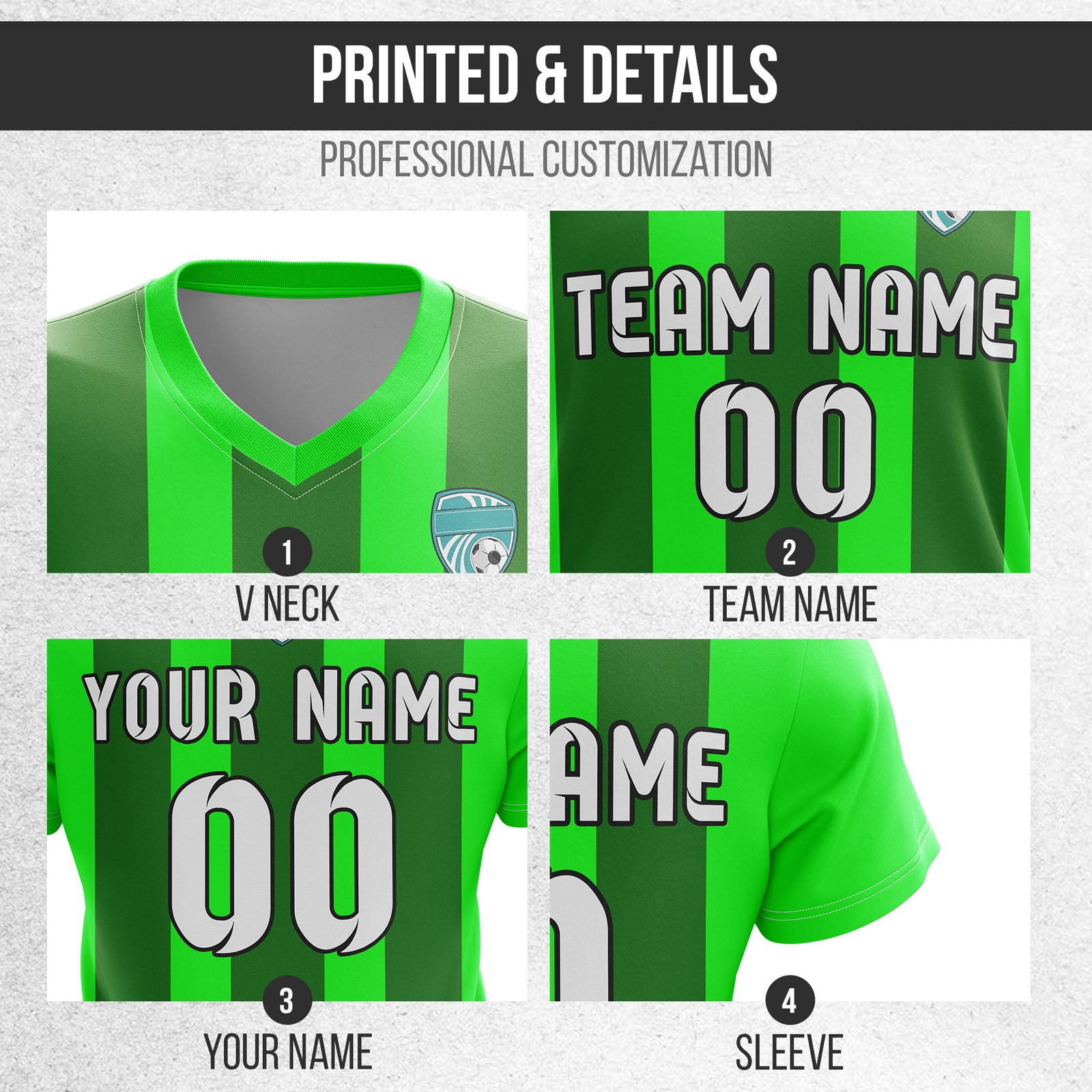 Custom Striker Stripe V-Neck Neon Green Soccer Sport Tops Jersey