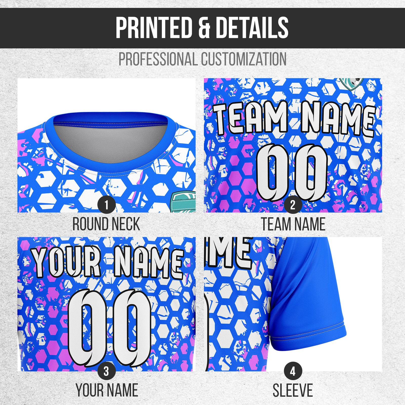 Custom Soccer Blue Round Neck Hex Pattern Sports Tops Jersey