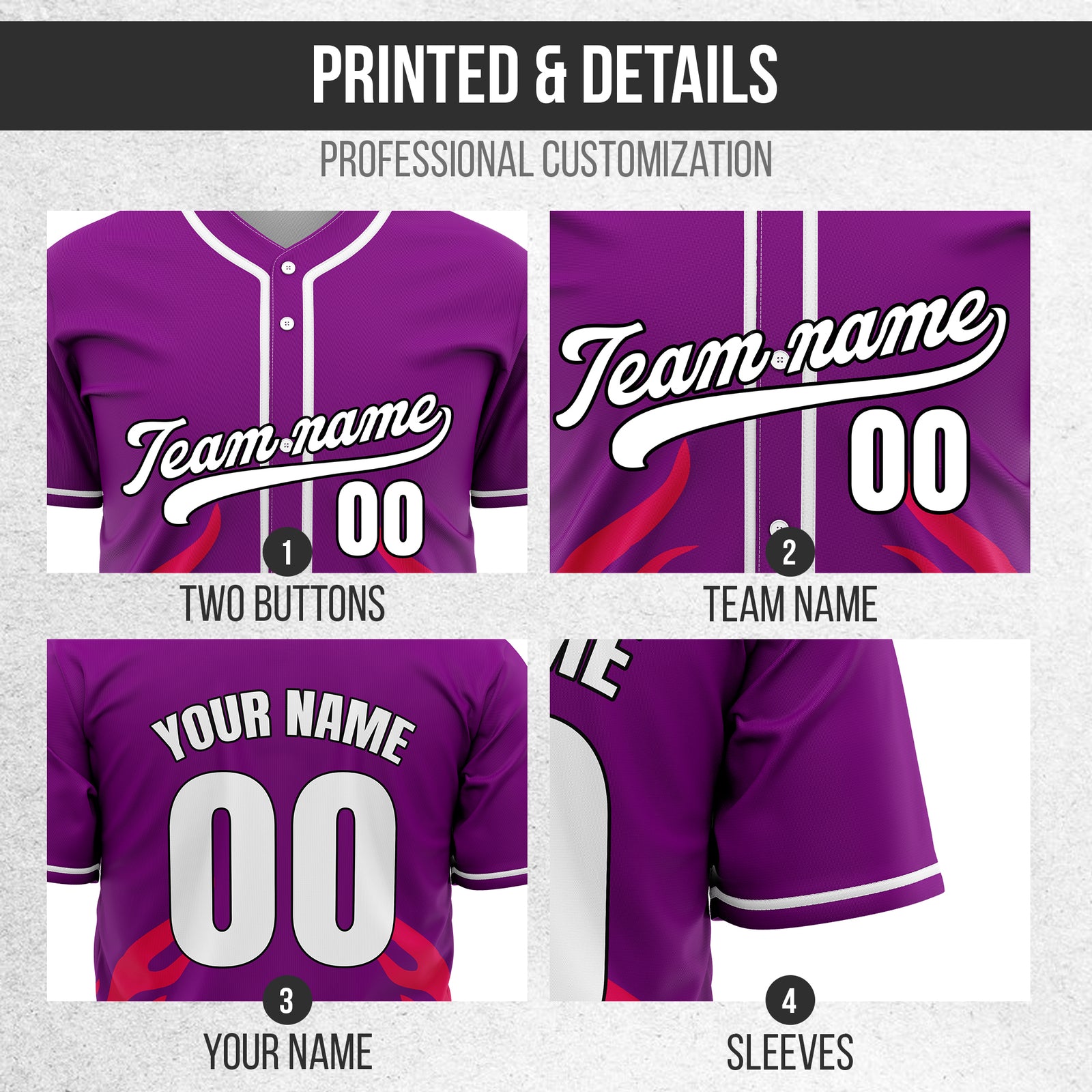 Custom Shadow Flames Purple Baseball Sports Jersey Personalized Uniform with Name & Number