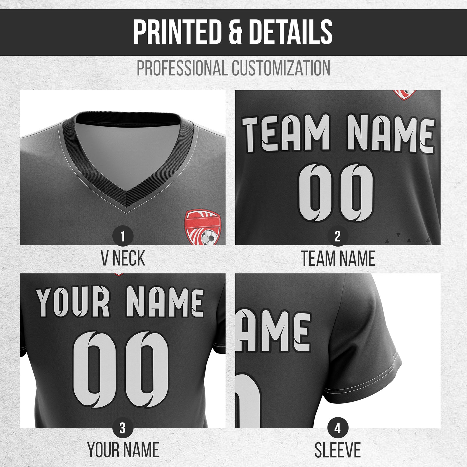 Custom Tri-Edge V-Side Pattern Dark Grey Soccer Sport Tops Jersey