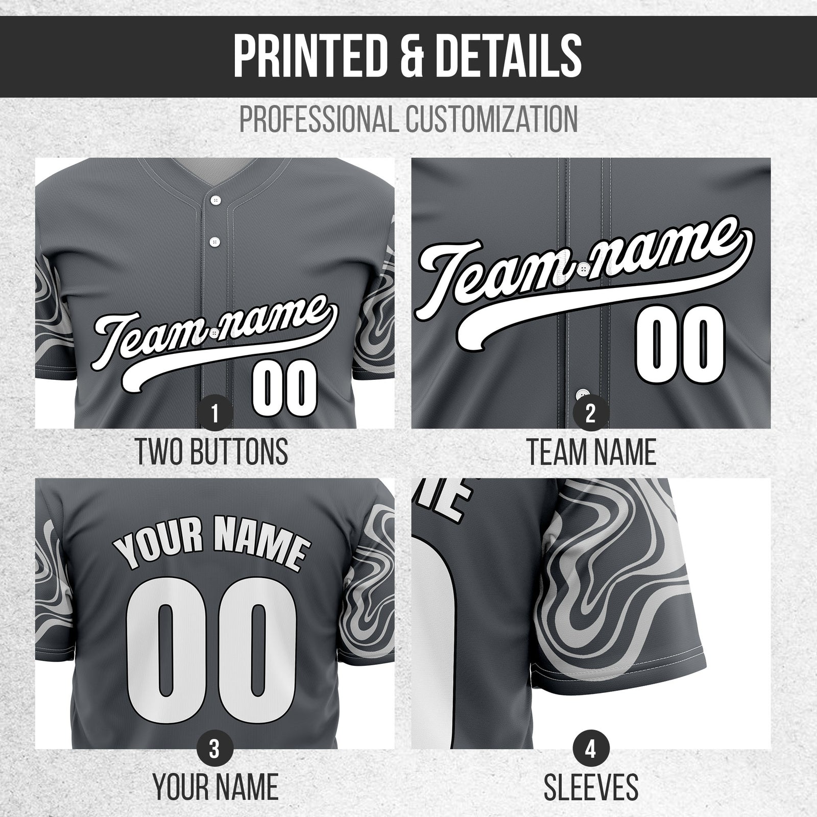 Custom Dark Grey Baseball Wave Sports Jersey Personalized Uniform with Name & Number