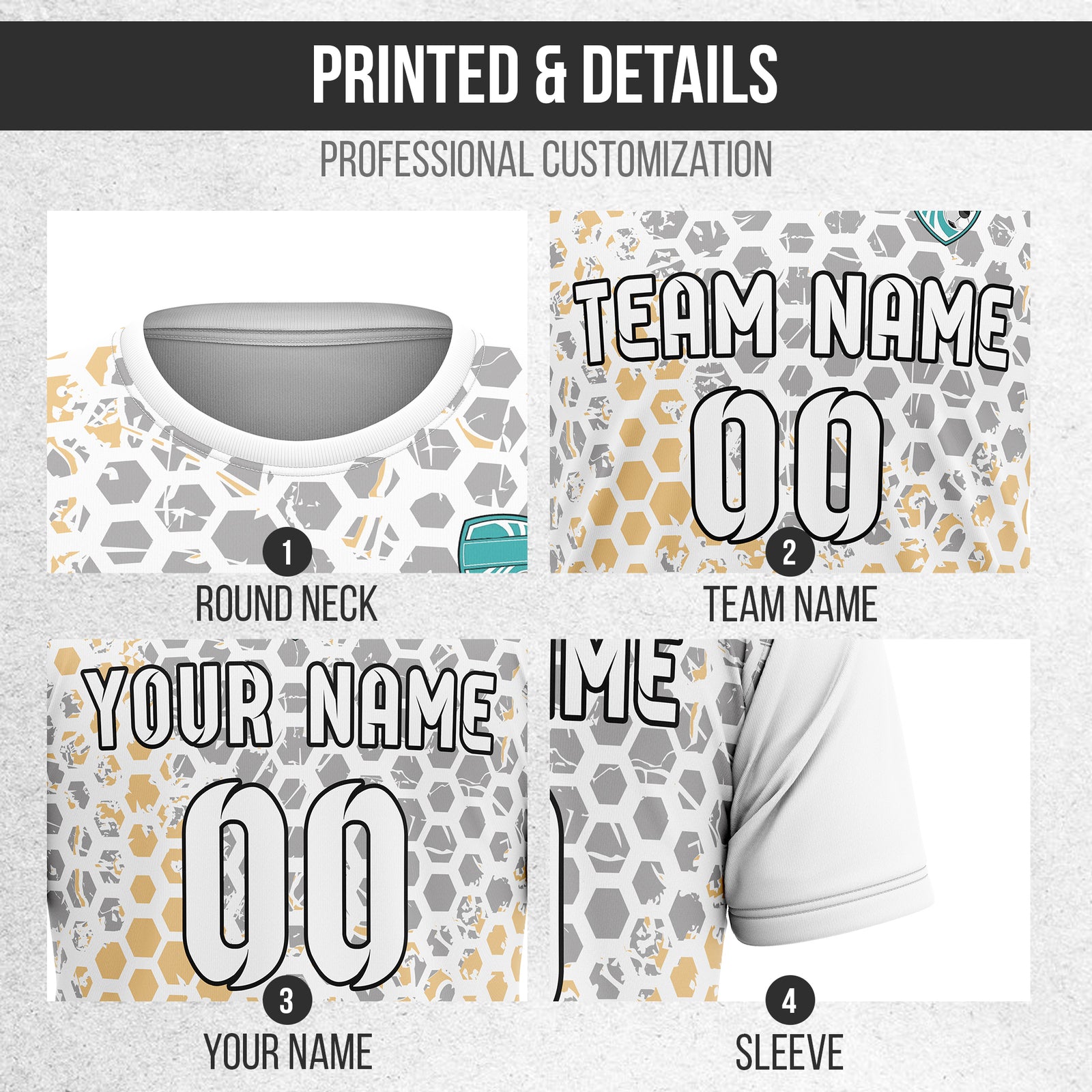 Custom Soccer White Round Neck Hex Pattern Sports Tops Jersey
