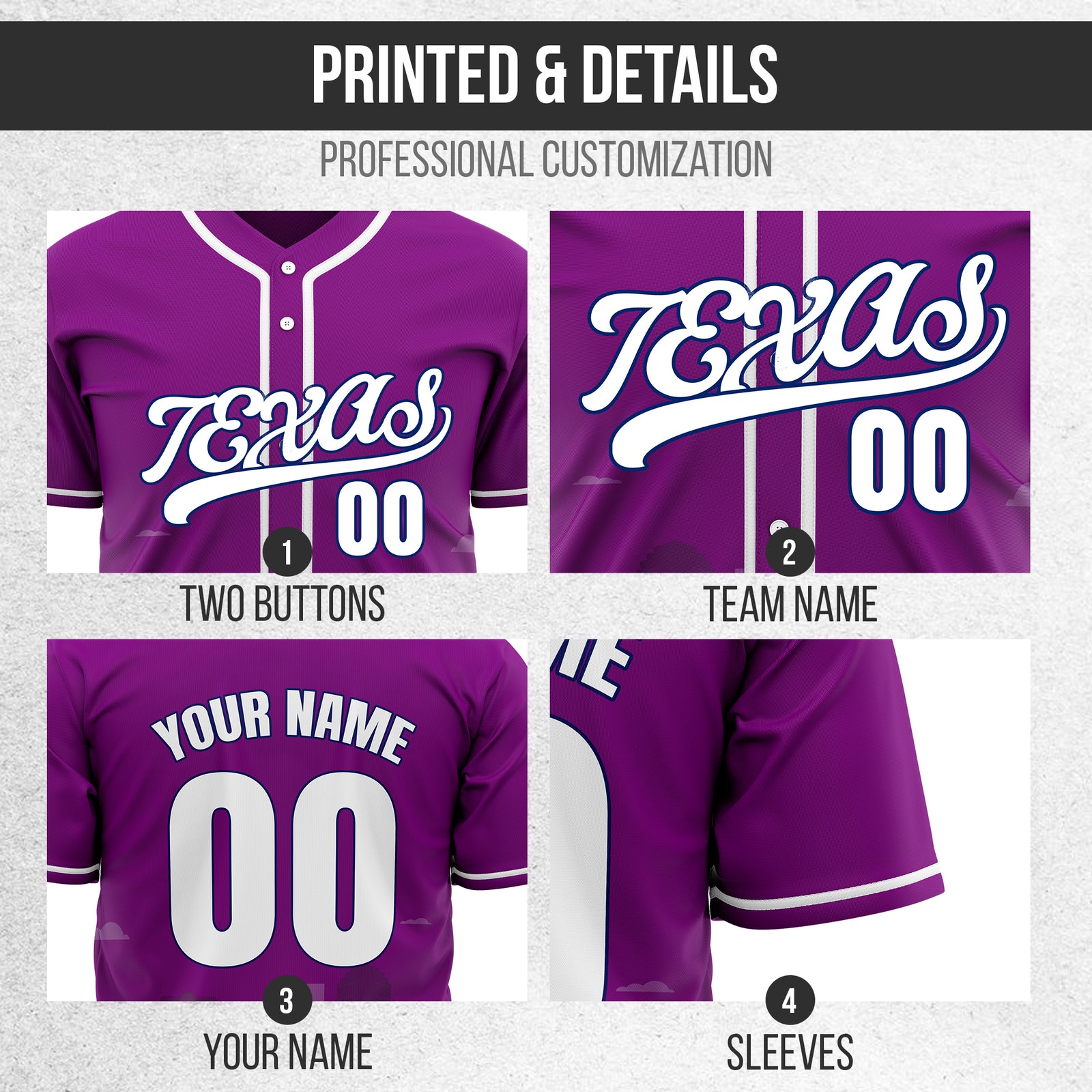 Custom City Lights Purple Baseball Sports Jersey Personalized Uniform with Name & Number