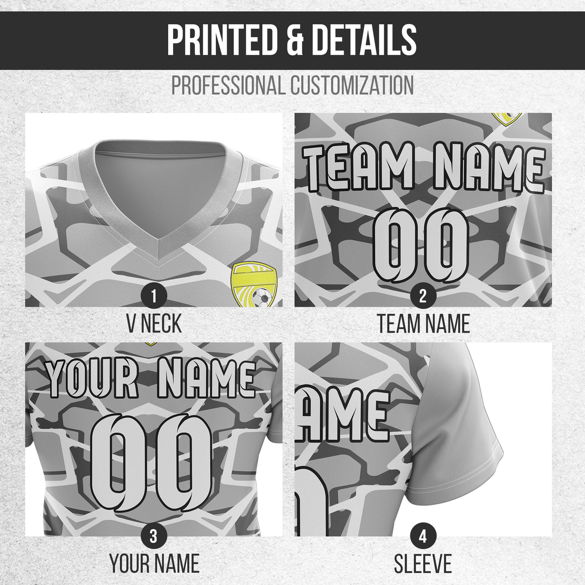 Custom Wild Pulse V-Full Pattern Soccer Grey Sport Tops Jersey