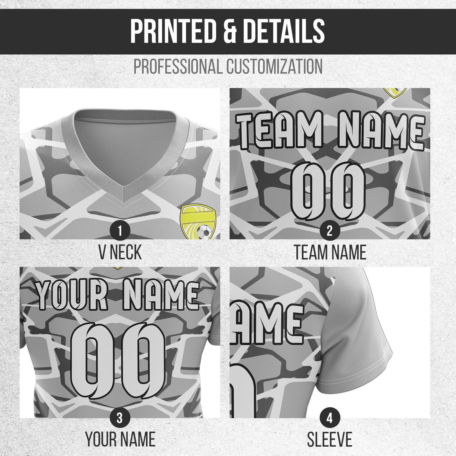 Custom Wild Pulse V-Full Pattern Soccer Grey Sport Tops Jersey