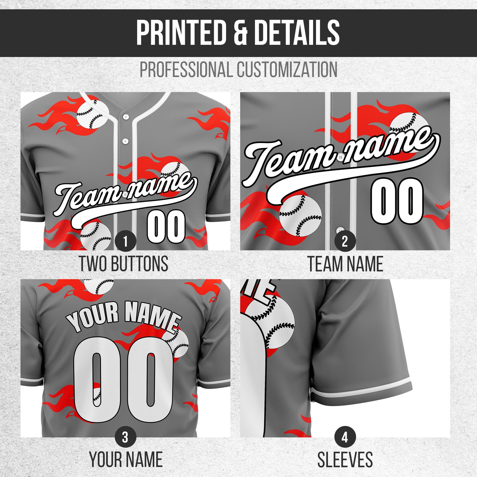 Custom Fireballers Grey Baseball Sports Jersey Personalized Uniform with Name & Number