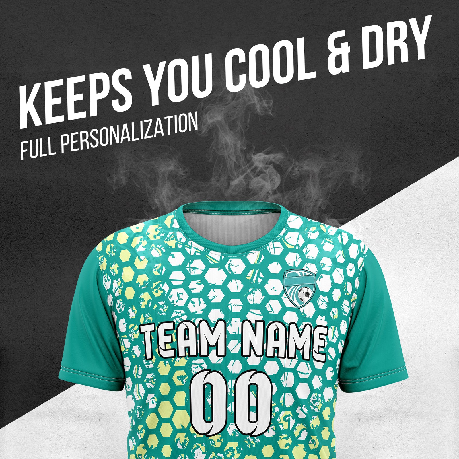 Custom Soccer Teal Round Neck Hex Pattern Sports Tops Jersey